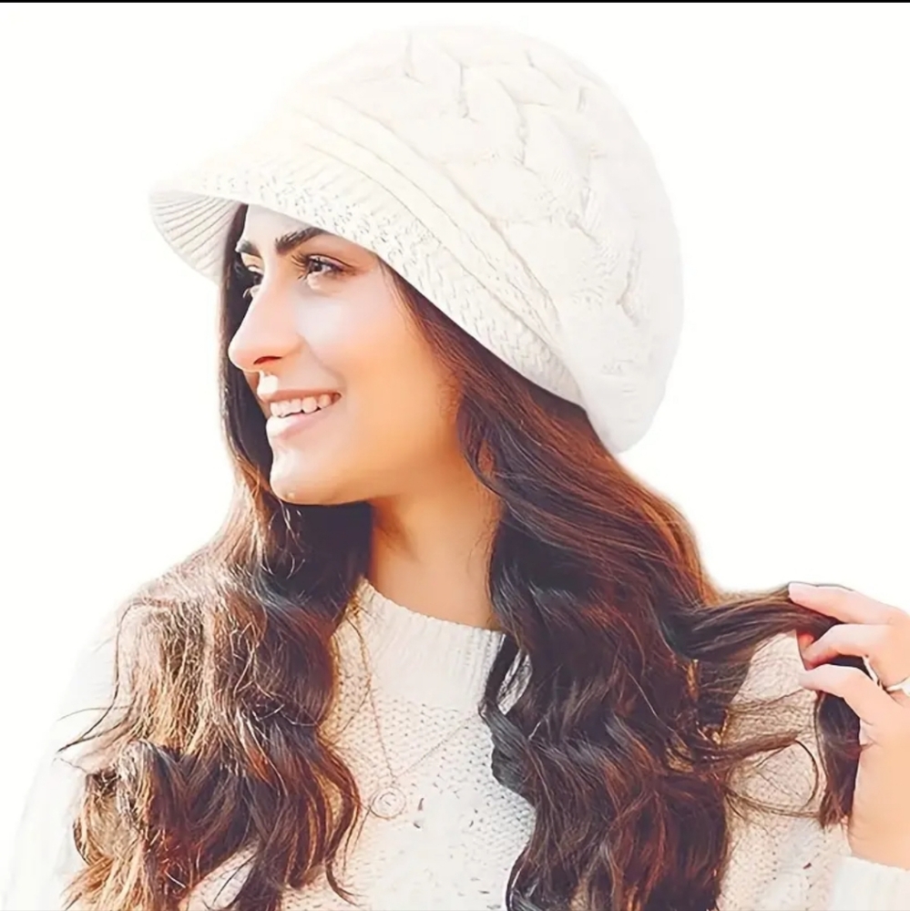 Winter Beanie With Brim, Solid Color Chunky Ribbed Knit Hat, White